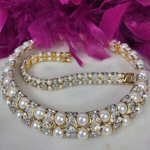 LANDAU~VINTAGE SWAROVSKI CRYSTAL PEARL RHINESTONE NECKLACE BRACELET SET